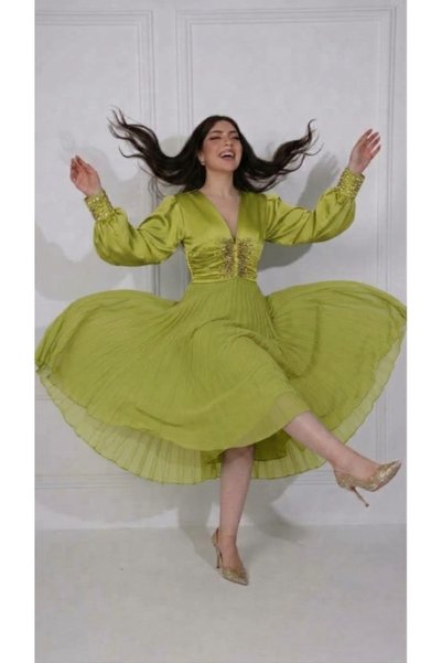 ٌRominz fashion فستان ميدي راقي بأكمام منتفخة وتطريز خصر فخم – شحن محلي سريع ...