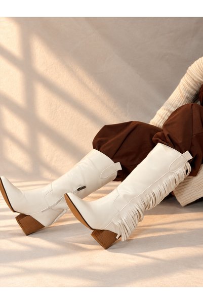 irmona RODEO BEYAZ DERİ 6 CM ÖKÇE PÜSKÜL DETAYLI KADIN ÇİZME