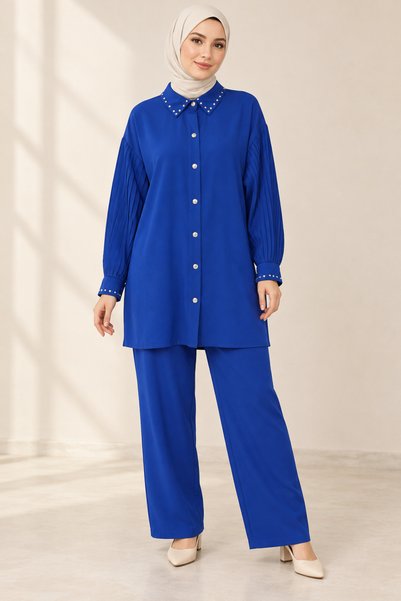 YAREN CLARA Women's Saks Blue Stone Collar Pleated Sleeve Tunic Pants Double ...