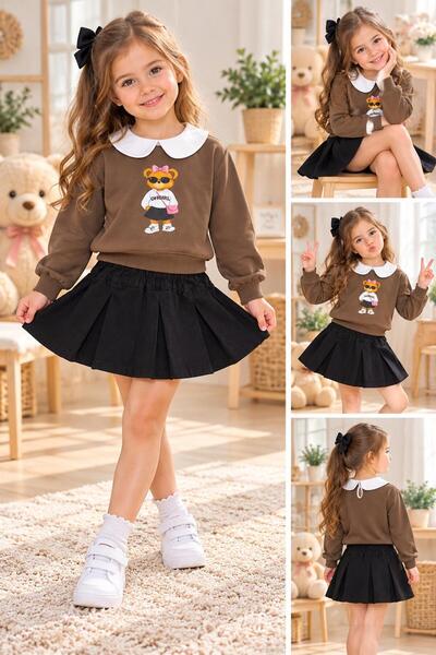 SERPİL Girl's Teddy Bear Printed Brown Sweatshirt and Black Pleated Skirt Two...