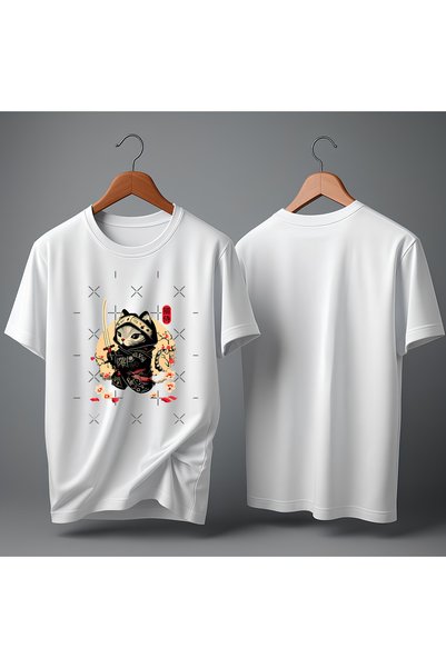 Zuvian Unisex Savaşçı Kedi Mürekkep Baskılı %100 Pamuk Oversize Tişört
