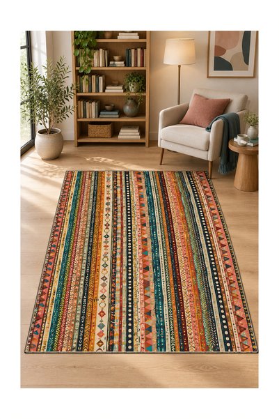 Rugs Modern Halı DORA Vintage Etnik Geometrik Desenli Çok Renkli İnce Dokuma ...