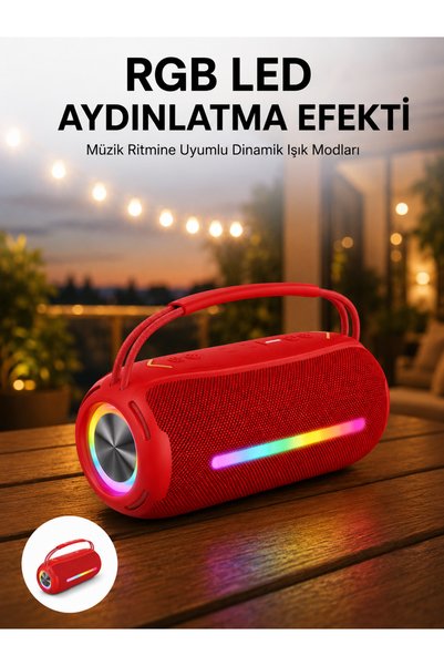 Angel Of Life 360 RGB LED'li Taşınabilir Bluetooth Hoparlör – Kırmızı, USB/TF Destekli
