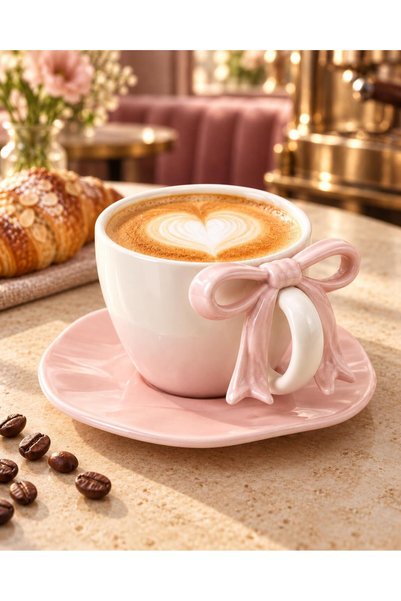 valkyrie Ribbon Serisi 2 Parça 380 ml Pembe Fiyonklu Tabaklı Çay Kahve Kupa Fincan Seti
