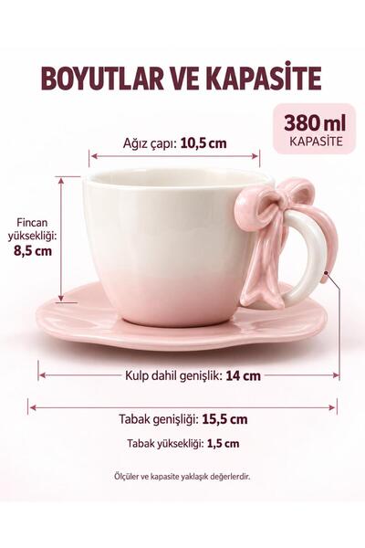 valkyrie Ribbon Serisi 2 Parça 380 ml Pembe Fiyonklu Tabaklı Çay Kahve Kupa Fincan Seti