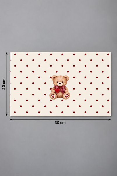 GÖKÇEOĞLU Glass Cutting Board with Teddy Bear, Cream Background, Burgundy Polka Dot Themed - Glass Cutting Board |   20cm X 30cm