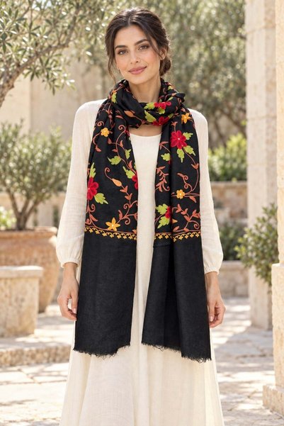 Miss Boheme Black Background with Red Carnations and Ivy Embroidery Cashmere ...