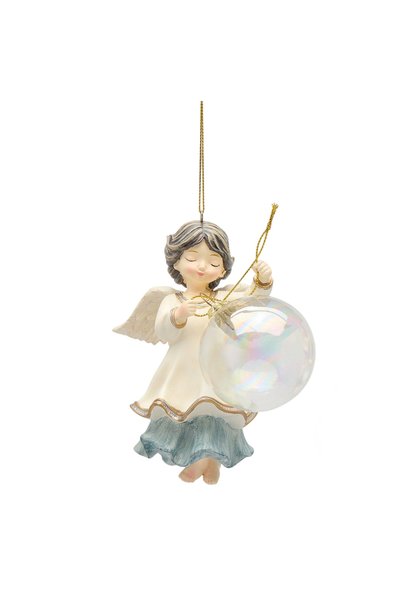BraziPremium By OLLMA Ornament de brad: Înger cu glob în mână, 14 cm, Alb