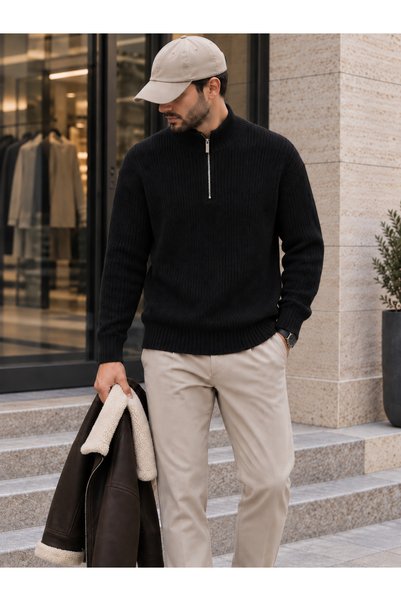 Danger Men's Reverse Knit Zippered Collar Thick Sweater Knitwear Black