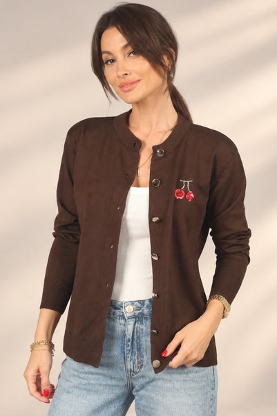 By Saygı Women's Cherry Embroidered Buttoned Knitwear Cardigan