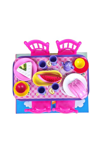 Brother Toys 20 Parça Yemek Masası Sandalye Oyuncak Masa Seti Tabak Bardak Karpuz Pasta Çaydanlık 14.5 Cm.