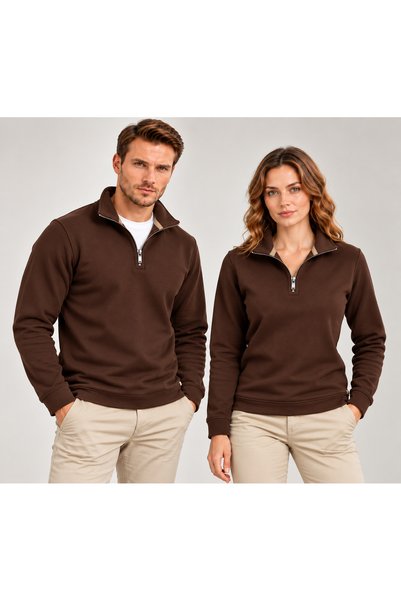 Baran Işık Sümer Işık Unisex Stand Collar Half Zipper Lined Cotton Winter Swe...