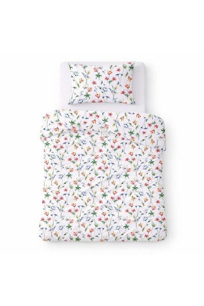 Karo Set lenjerie de pat, Karo, 2 piese, bumbac, alb cu flori multicolore, 14...