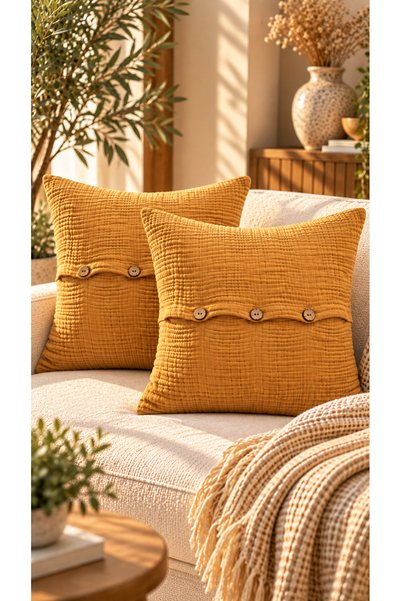 MYLASA HOME 4 Layer Muslin Buttoned Decorative 2-Piece Throw Pillow Cover Set...