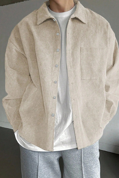 GENIUS STORE Men's Corduroy Oversize Shirt Collar Pocket Long Sleeve Jacket S...