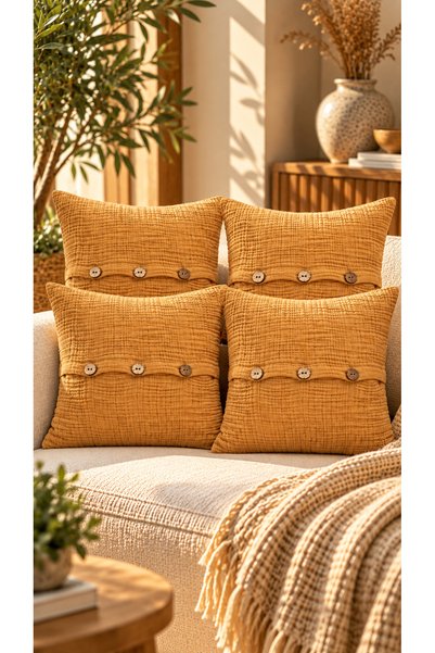 MYLASA HOME 4-Layer Muslin Buttoned Decorative 4-Piece Throw Pillow Cover Set...