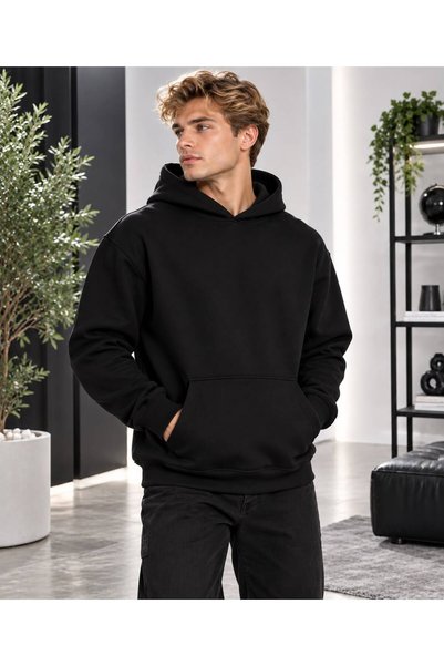 aseltrend Erkek Düz Sade Kapüşonlu Sweatshirt - Kanguru Cepli Oversize Pamukl...