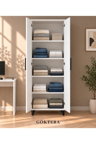 GÖKTERA 2 Kapaklı 4 Raflı Giysi ve Çok Amaçlı Dolap Beyaz 175 × 50 × 30 cm