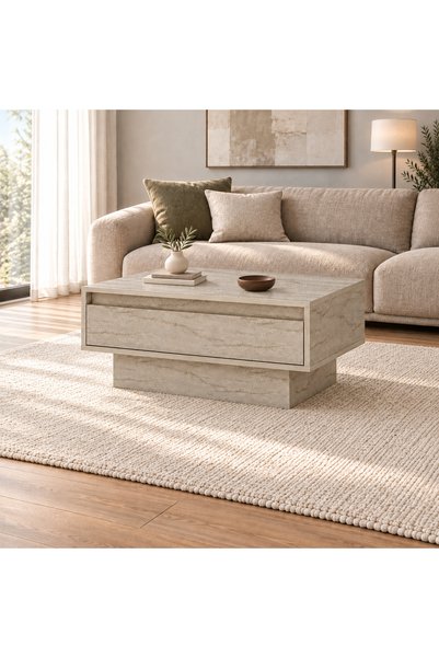 MERT SERT MOBİLYA Vetro Orta Sehpa, Traverten Renk, 90cm x 60cm
