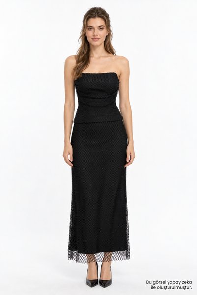 Exquise Lined A-Line Midi Skirt with Mesh Detail