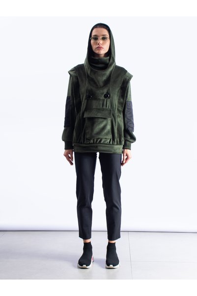 byözlemyazan Hooded Velvet Sweatshirt with Front Panel Detail