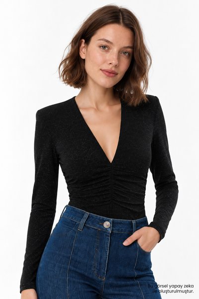 Exquise Long Sleeve Deep V-Neck Front Gathered Glitter Blouse