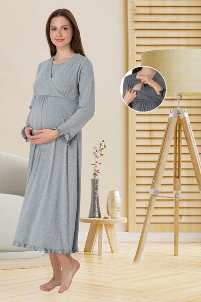 Lohusa Homewear Women's Gray Easy Breastfeeding Design Long Sleeve Combed Cot...