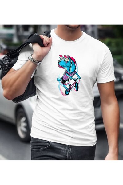 Bk Gift White T-Shirt with Cyclist Dog Design-1