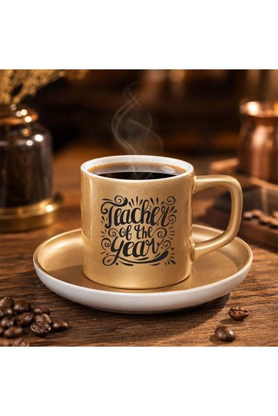 Bk Gift فنجان وصحن قهوة تركي ذهبي غير لامع بتصميم أفضل معلم للعام -2