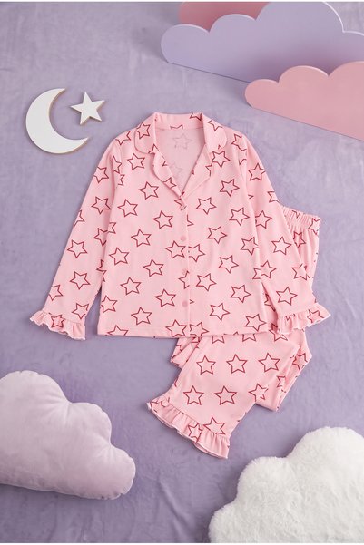 meyastore Girl's pajama set - star print button-down shirt collar - soft text...