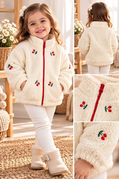 Eflin Çocuk Giyim Kız Çocuk Kuzu Kiraz İşlemeli Peluş Fermuarlı Yumuşak Teddy...
