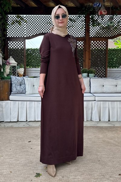 Rabia Şamlı Melodi Boncuk İşlemeli Triko Elbise Acı Kahve