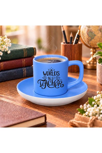 Bk Gift The World's Best Teacher Designed Matte Blue Turkish Coffee Cup and S...