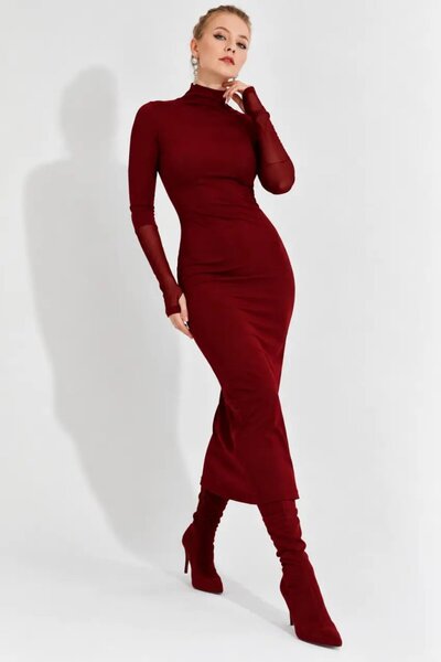 Cool & Sexy Women's Burgundy Tulle Detailed Midi Dress with Gloves Ey2600