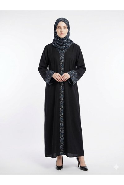 RIZQE Rizqé Black Nida Abaya with Blue Pashmina-Style Print
