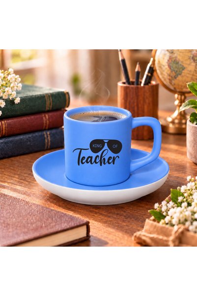 Bk Gift King of Teachers Design Matte Blue Turkish Coffee Cup and Saucer