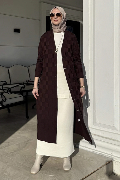 Rabia Şamlı Dama Desenli Triko Hırka Acı Kahve