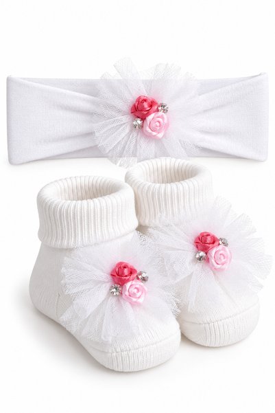 Babyhola 0-6 Ay Kız Bebek Çiçekli Saç Bandı ve Çorap Set Bebek Hediyesi