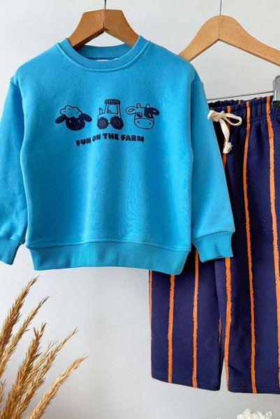 Monila Erkek Çocuk Pamuklu 3 İplik Mavi Baskılı Sweatshirt ve Çizgili Altlı Alt Üst Takım