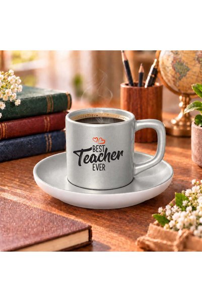 Bk Gift Best Teacher Designed Matte Silver Turkish Coffee Cup and Saucer-1