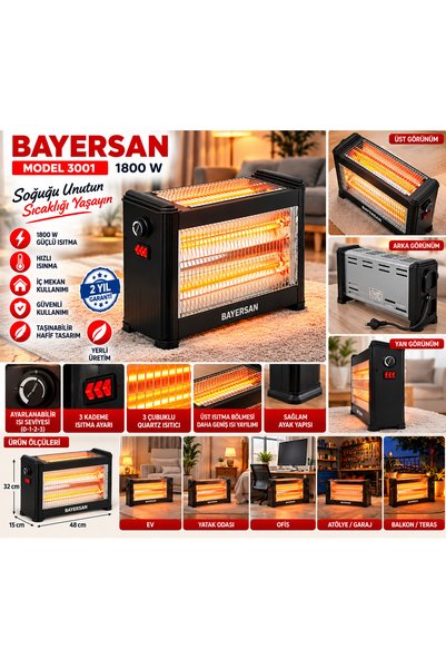 BAYERSAN Elektrikli Isıtıcı Soba 1800W 3 Kademeli Devrilme Emniyetli Infrared Quartz Soba 1800W Elektrikli Quartz Isıtıcı 3 Kademeli Ayarlanabilir Isı Kontrollü Çift Yönlü Elektrikli Soba