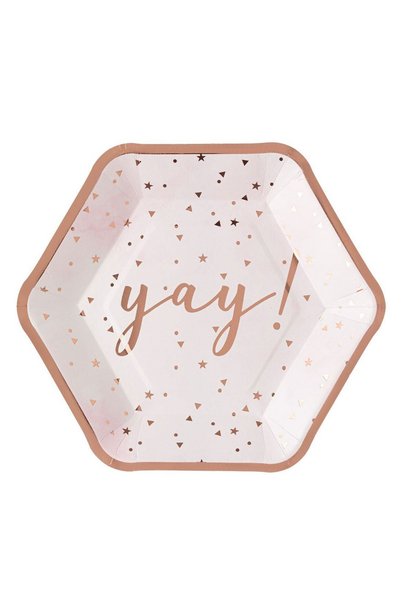 OEM 6x Farfurii de hârtie hexagonale 'Yay' 23cm Folie aur roz