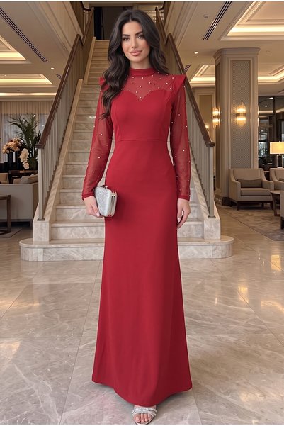ALFUDO Moda Collection فستان سهرة بياقة عالية وأكمام من التول مزين بحجر بيجوب...