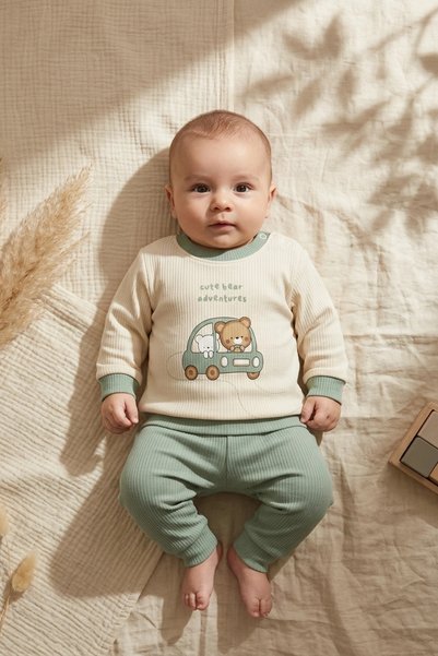 Babydonat Teddy Adventure Cream & Sage Green Ribbed Cotton Baby Set - Soft Te...
