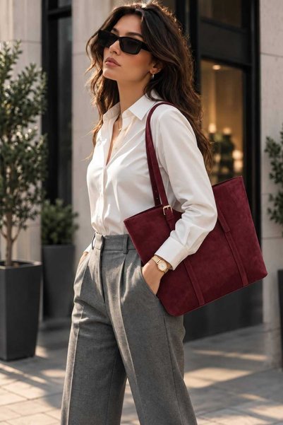 WİKİDAYS.S MODA TRENDİ حقيبة كتف VAV1200 من الجلد السويدي باللون الأحمر الداكن