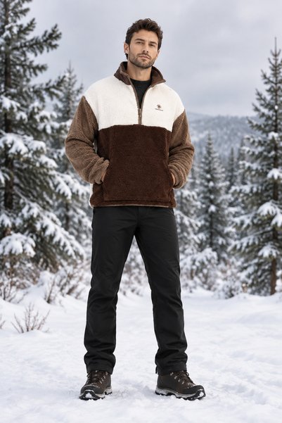 lumberjack Rc-9038 Men's Ecru-Brown Half-Zip Plush Fleece Coat