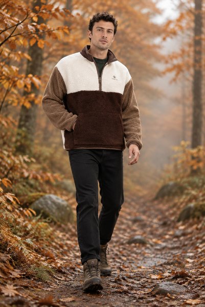 lumberjack Rc-9781 Men's Ecru-Brown Half-Zip Plush Fleece Coat