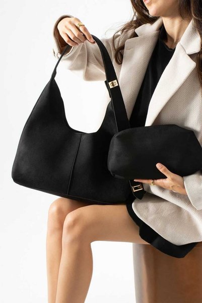 WİKİDAYS.S MODA TRENDİ حقيبة كتف MOON01 من الجلد السويدي باللون الأسود