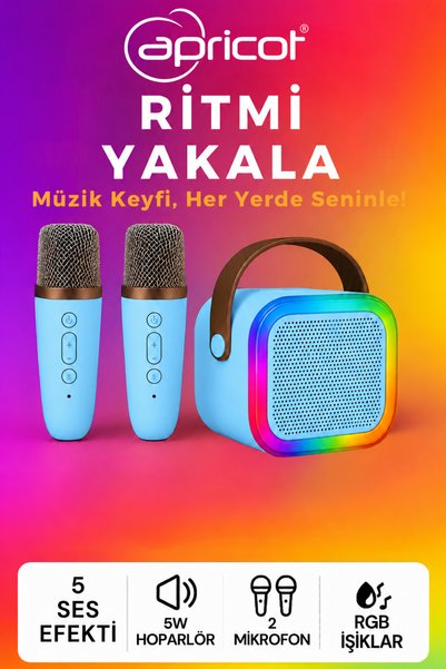 Apricot Çift Mikrofonlu Mavi Karaoke Bluetooth Hoparlör Rgb Led Işıklı 5 Efektli Ses Bombası