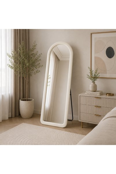 MiLi Arched full-length stand mirror with velvet fabric frame (Off-white)